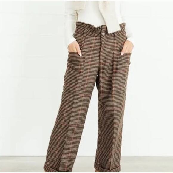 Oat NY Glen Plaid cuffed  neutral business casual academia trouser pant  NWT - Picture 2 of 9